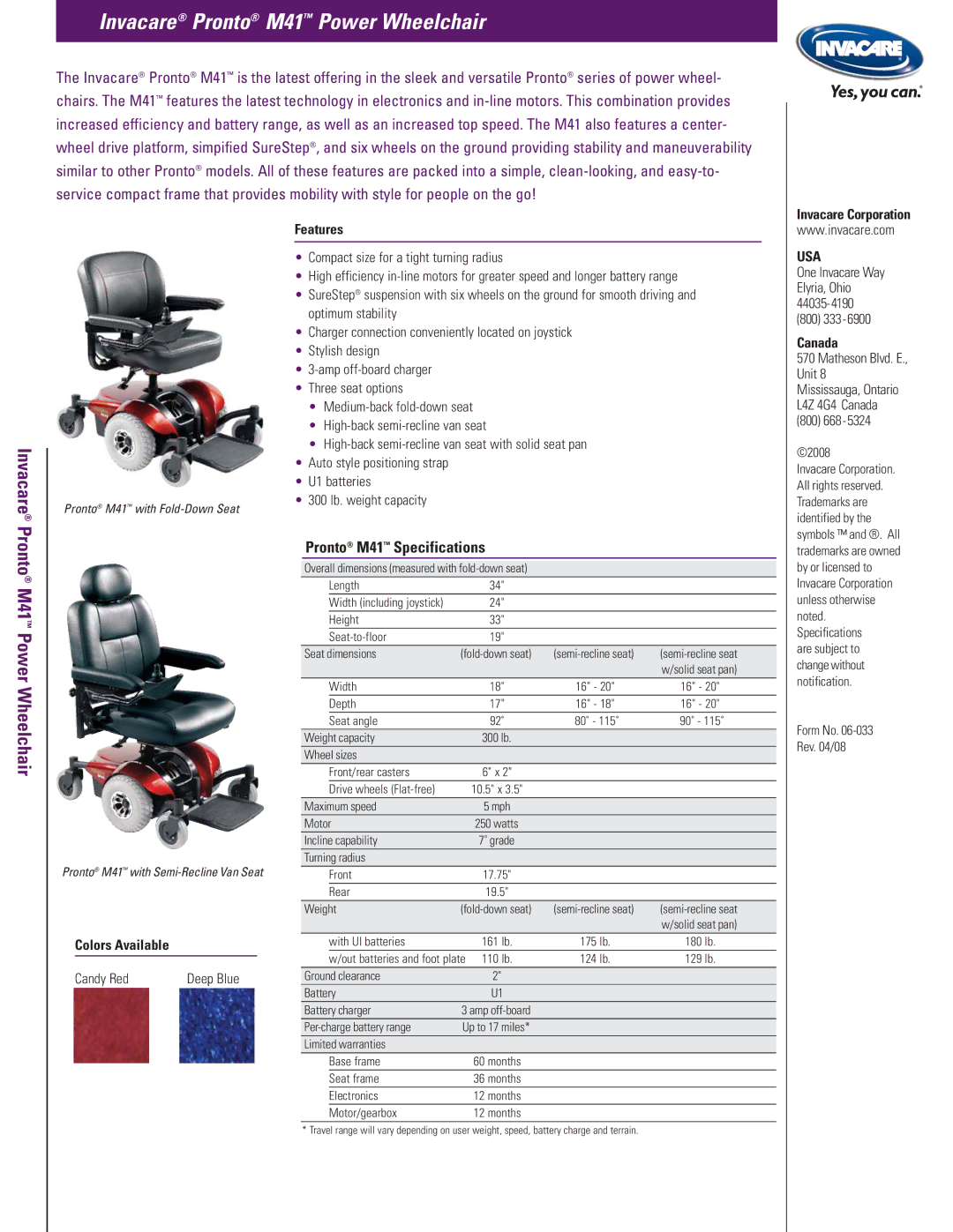 Invacare manual Invacare, Pronto M41 Power Wheelchair, Pronto M41 Specifications, Usa 