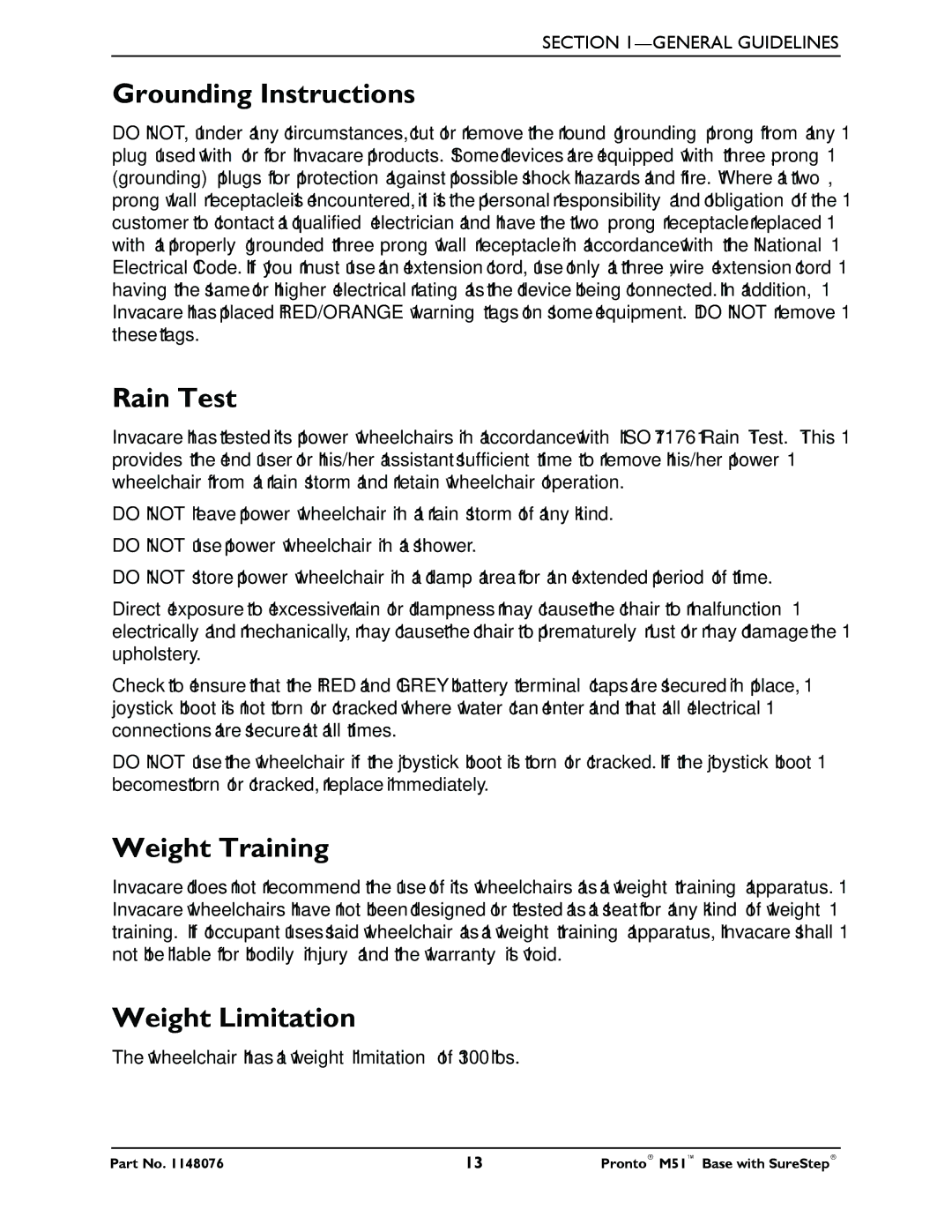 Invacare Pronto M51 Base manual Grounding Instructions, Rain Test, Weight Training, Weight Limitation 