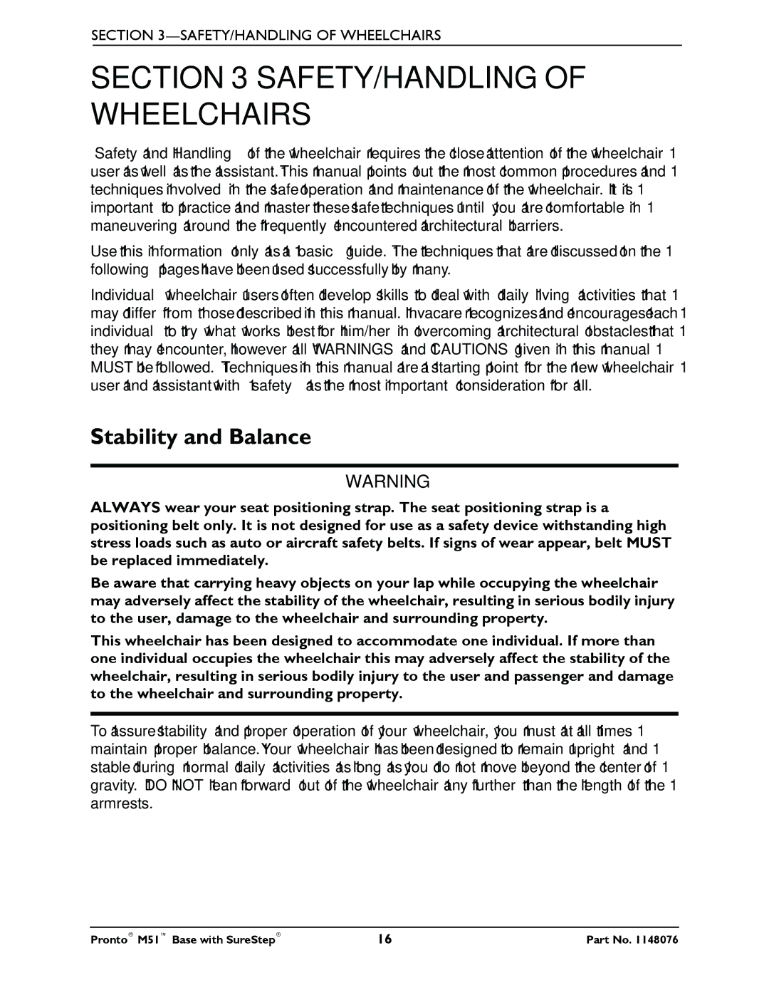 Invacare Pronto M51 Base manual SAFETY/HANDLING of Wheelchairs, Stability and Balance 