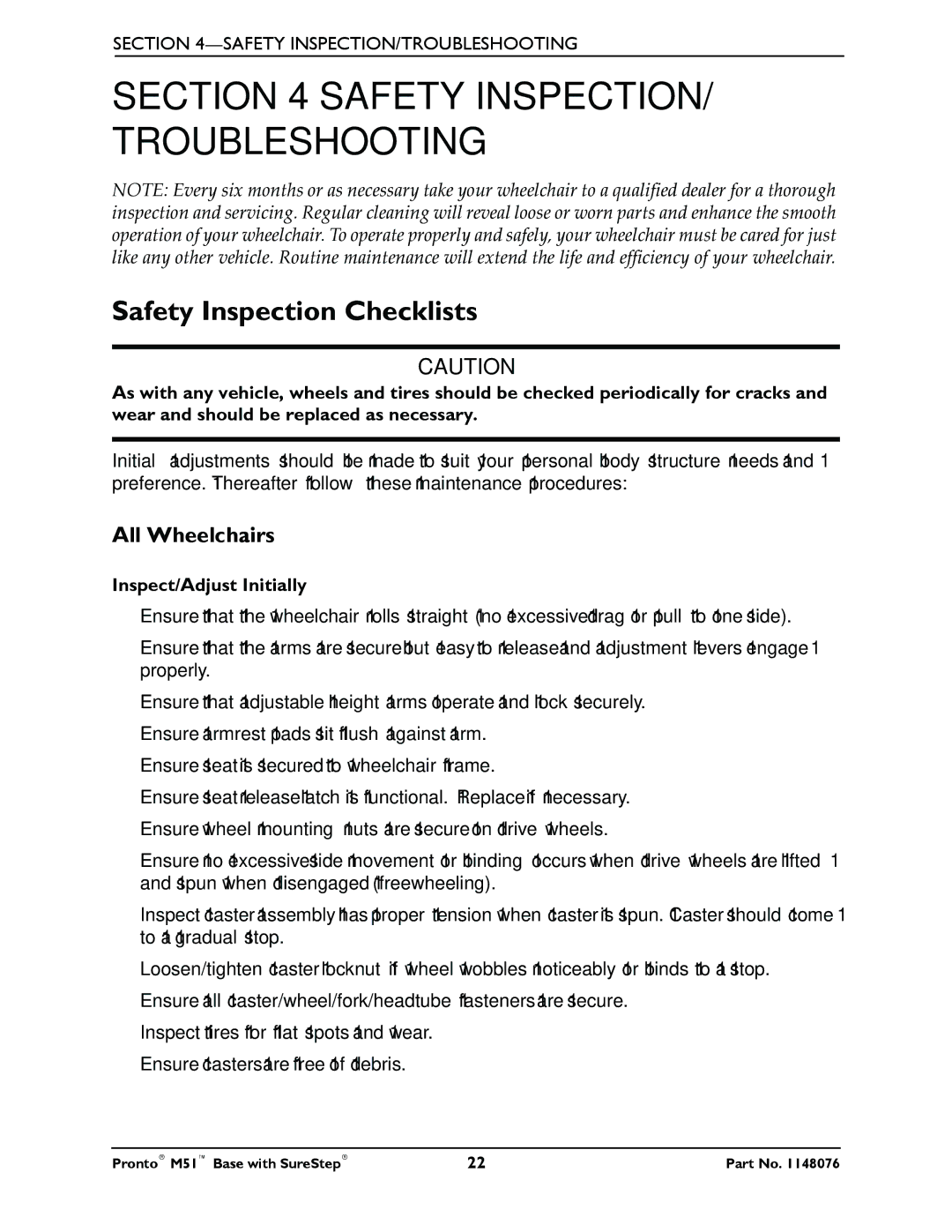 Invacare Pronto M51 Base manual Safety INSPECTION/ Troubleshooting, Safety Inspection Checklists, All Wheelchairs 