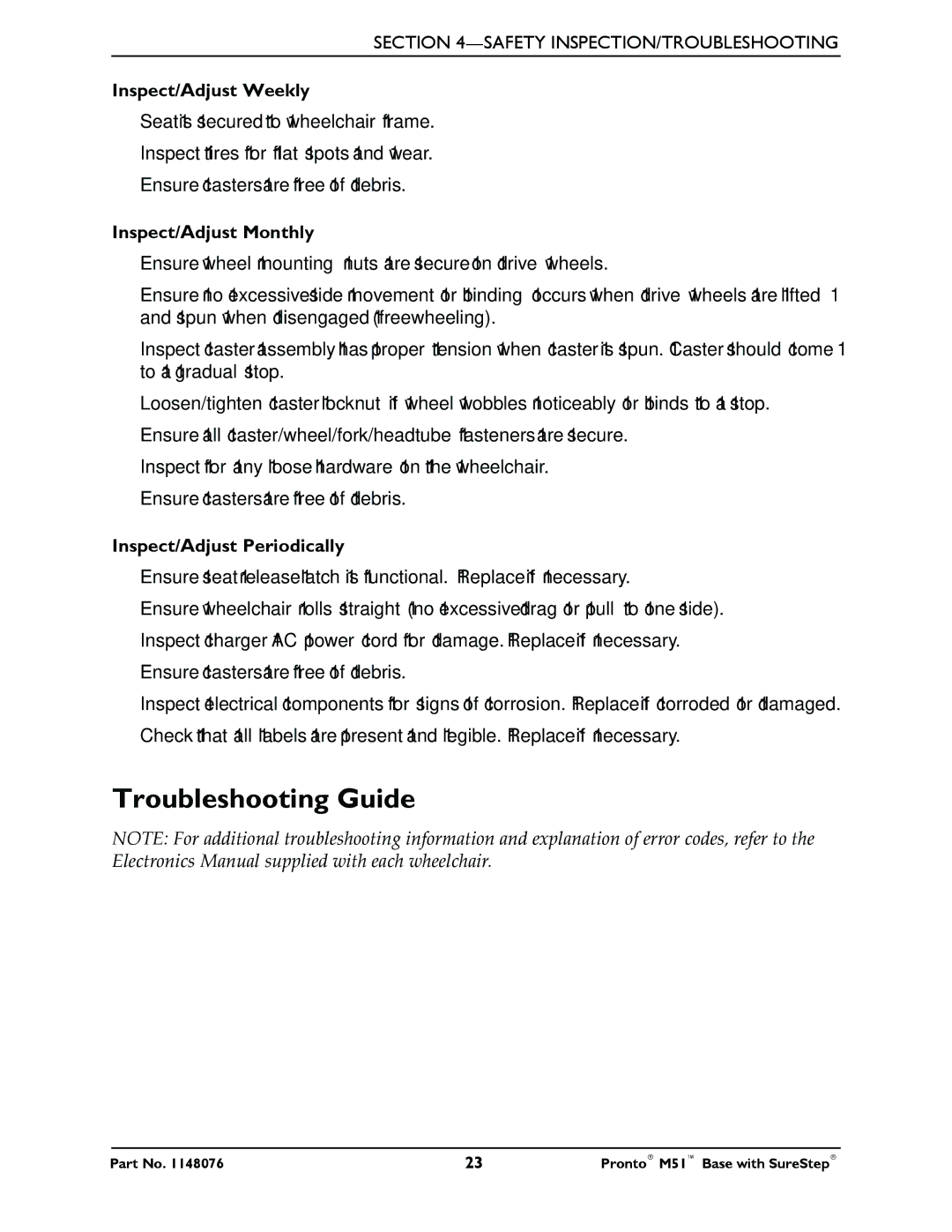 Invacare Pronto M51 Base Troubleshooting Guide, Inspect/Adjust Weekly, Inspect/Adjust Monthly, Inspect/Adjust Periodically 