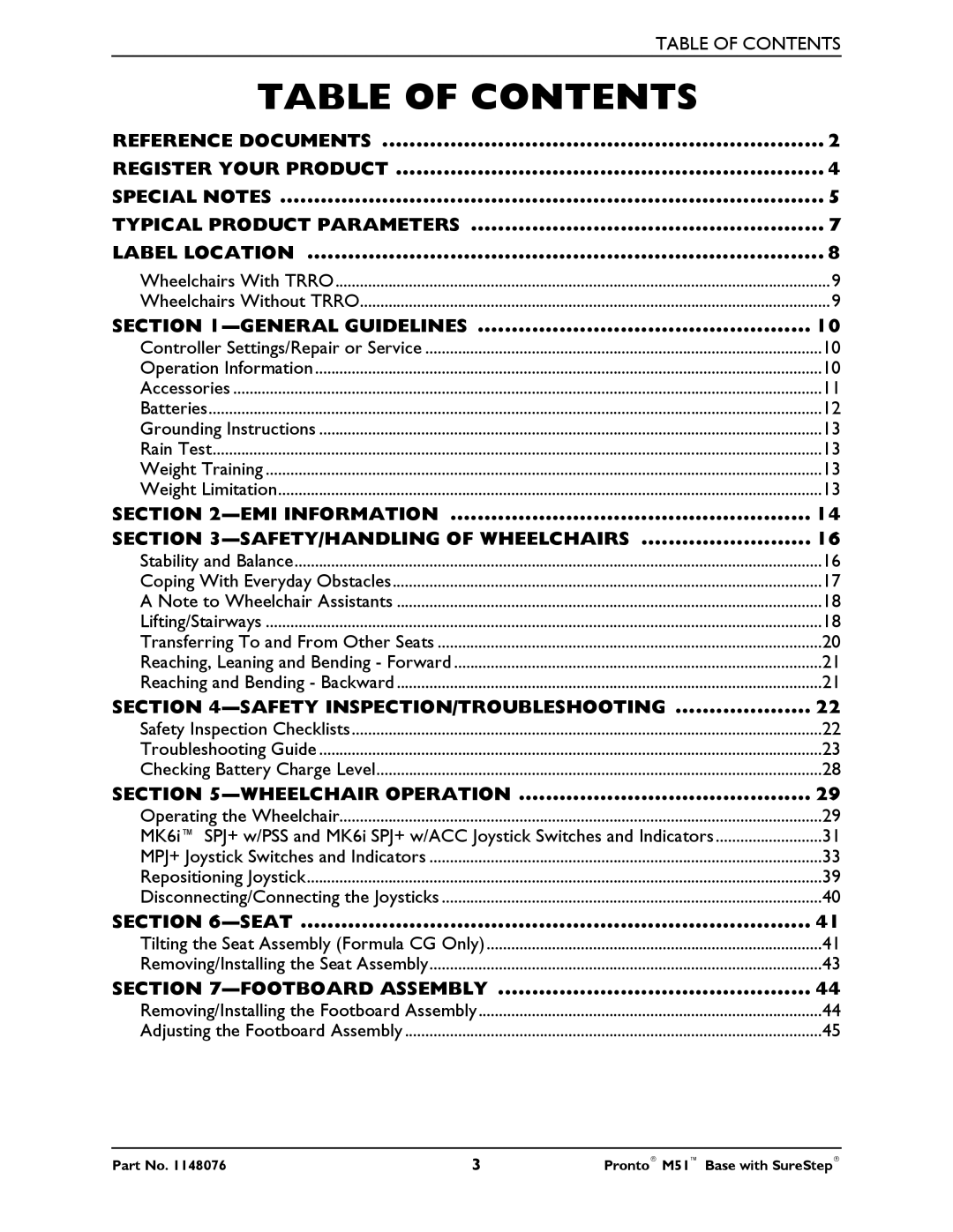 Invacare Pronto M51 Base manual Table of Contents 