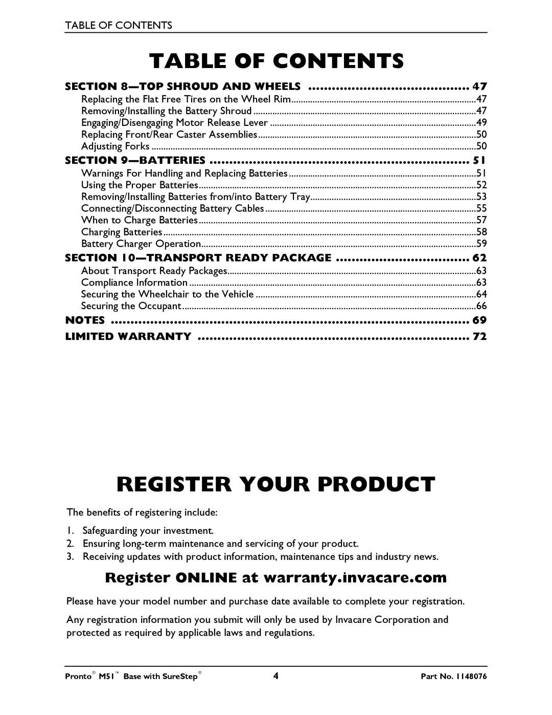 Invacare Pronto M51 Base manual Register Your Product, Table of Contents 