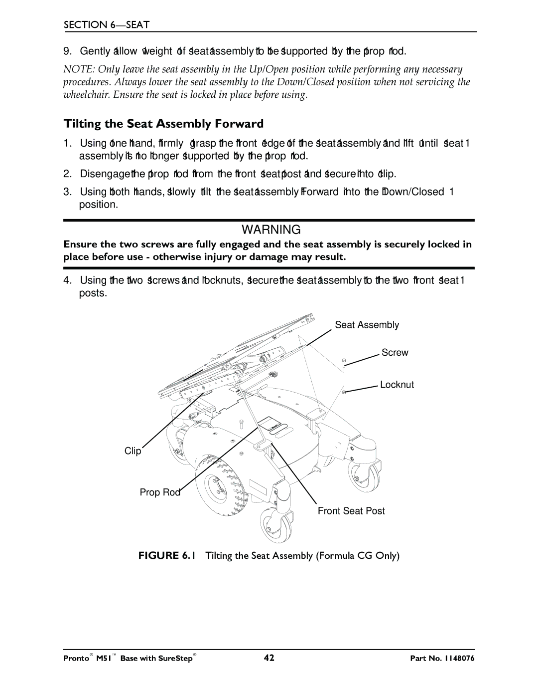 Invacare Pronto M51 Base manual Tilting the Seat Assembly Forward, Tilting the Seat Assembly Formula CG Only 