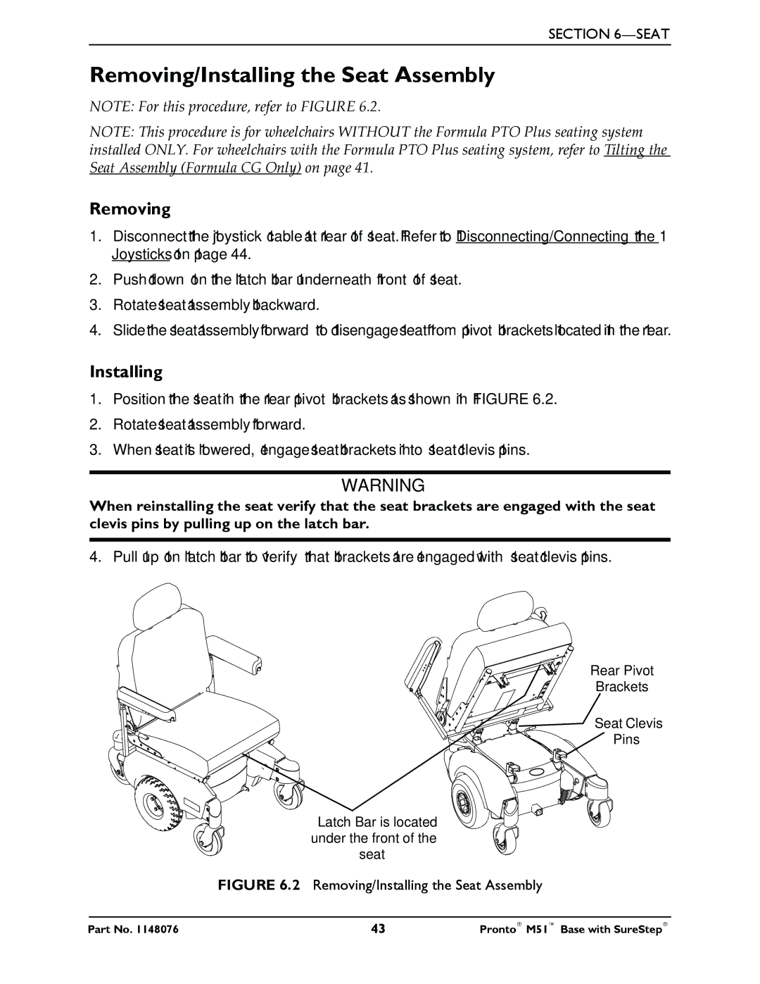 Invacare Pronto M51 Base manual Removing/Installing the Seat Assembly 