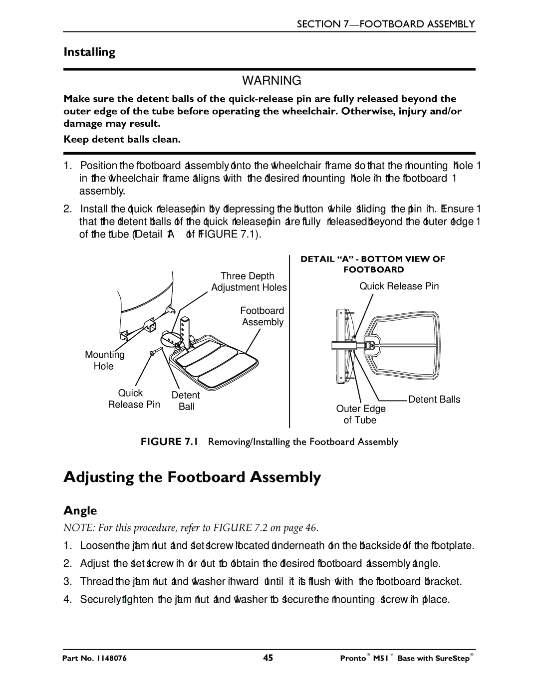 Invacare Pronto M51 Base manual Adjusting the Footboard Assembly, Angle 