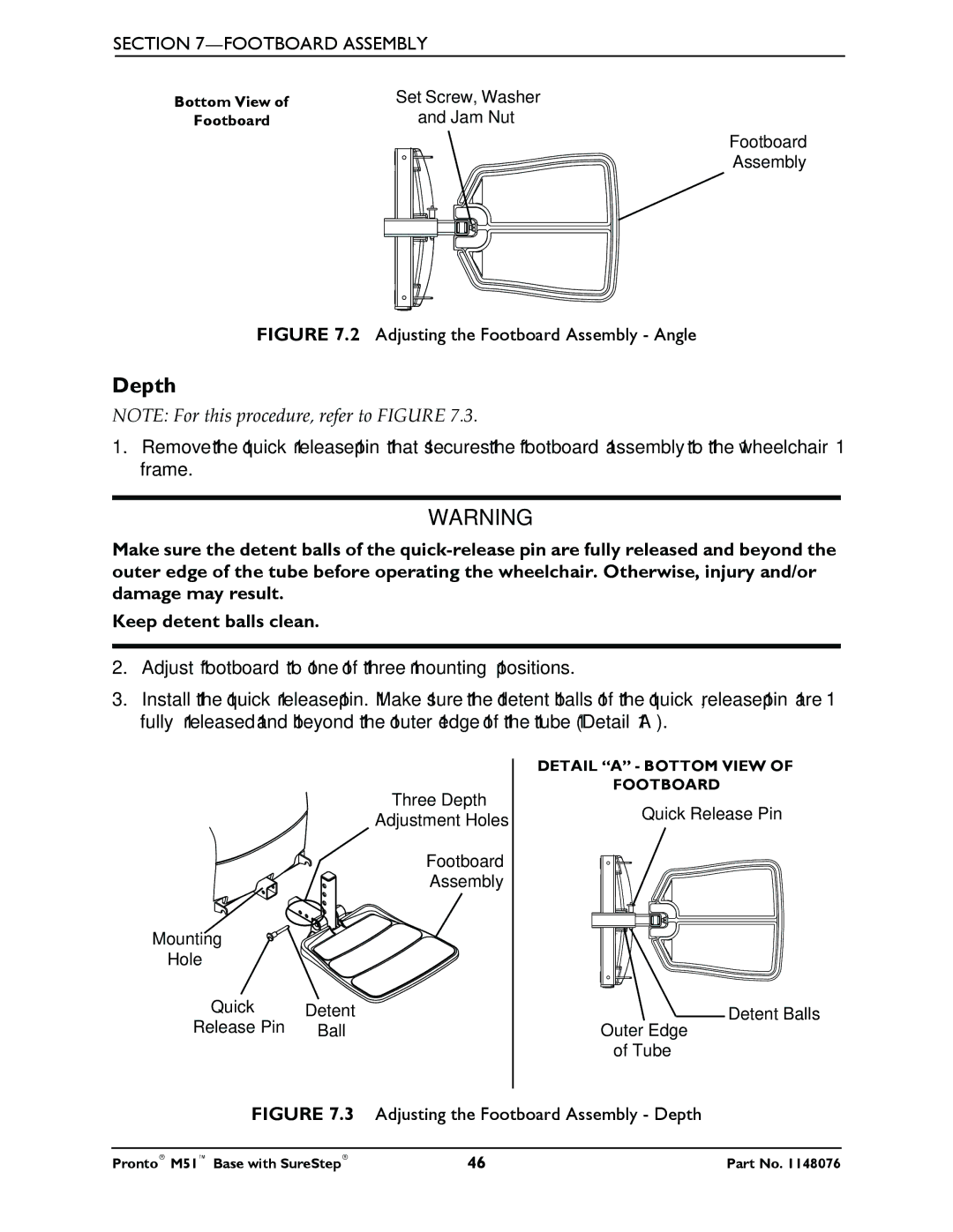 Invacare Pronto M51 Base manual Depth, Adjusting the Footboard Assembly Angle 