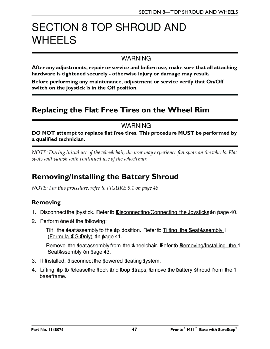 Invacare Pronto M51 Base manual TOP Shroud and Wheels, Replacing the Flat Free Tires on the Wheel Rim 