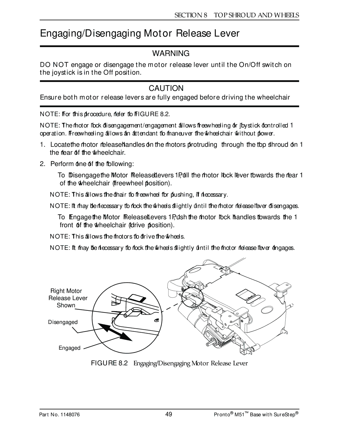 Invacare Pronto M51 Base manual Engaging/Disengaging Motor Release Lever 