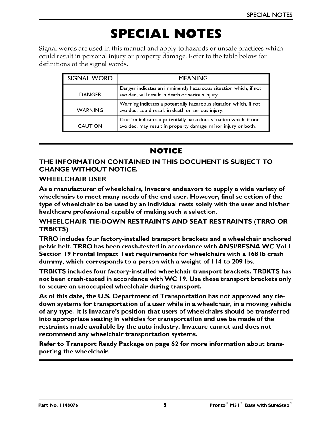 Invacare Pronto M51 Base manual Special Notes, Meaning 