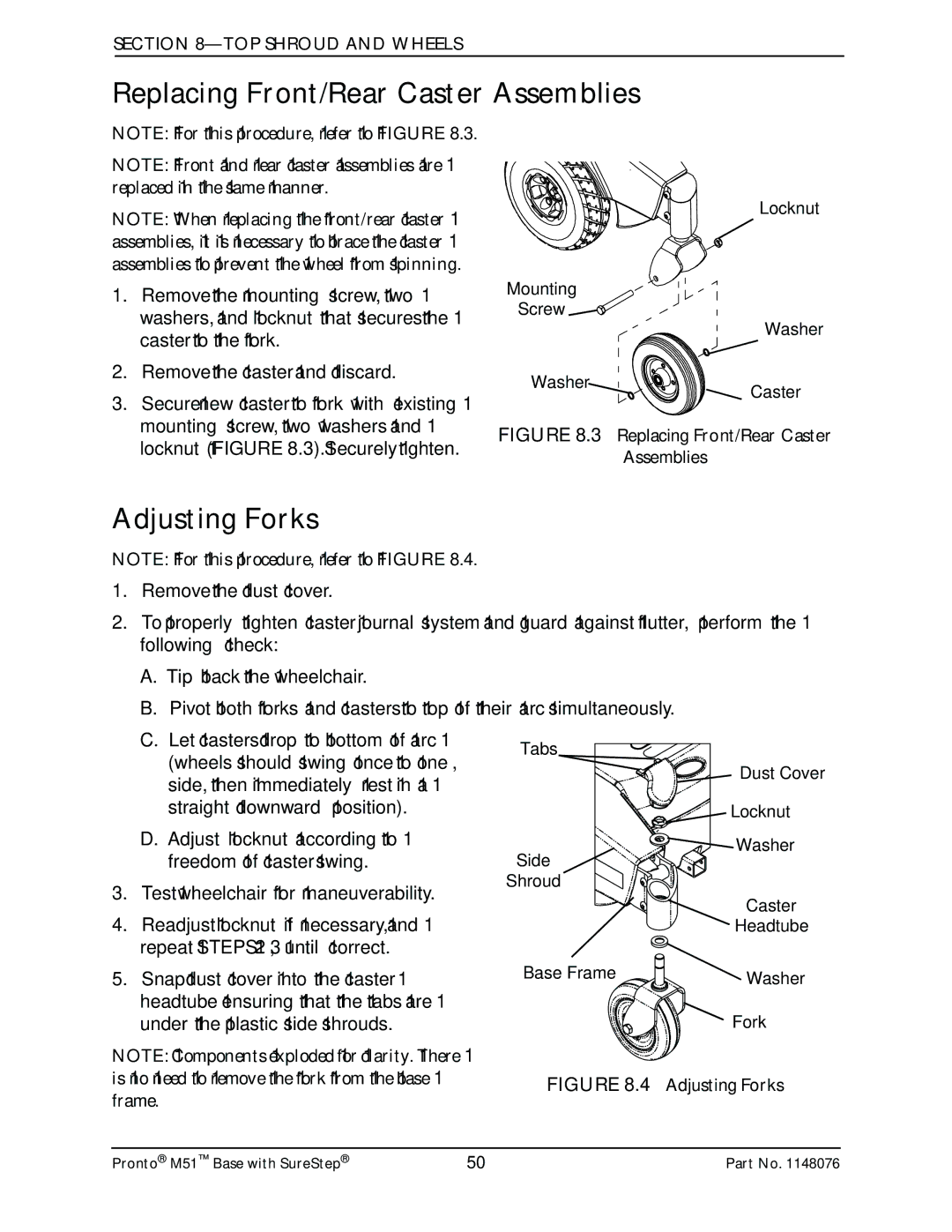 Invacare Pronto M51 Base manual Replacing Front/Rear Caster Assemblies, Adjusting Forks 