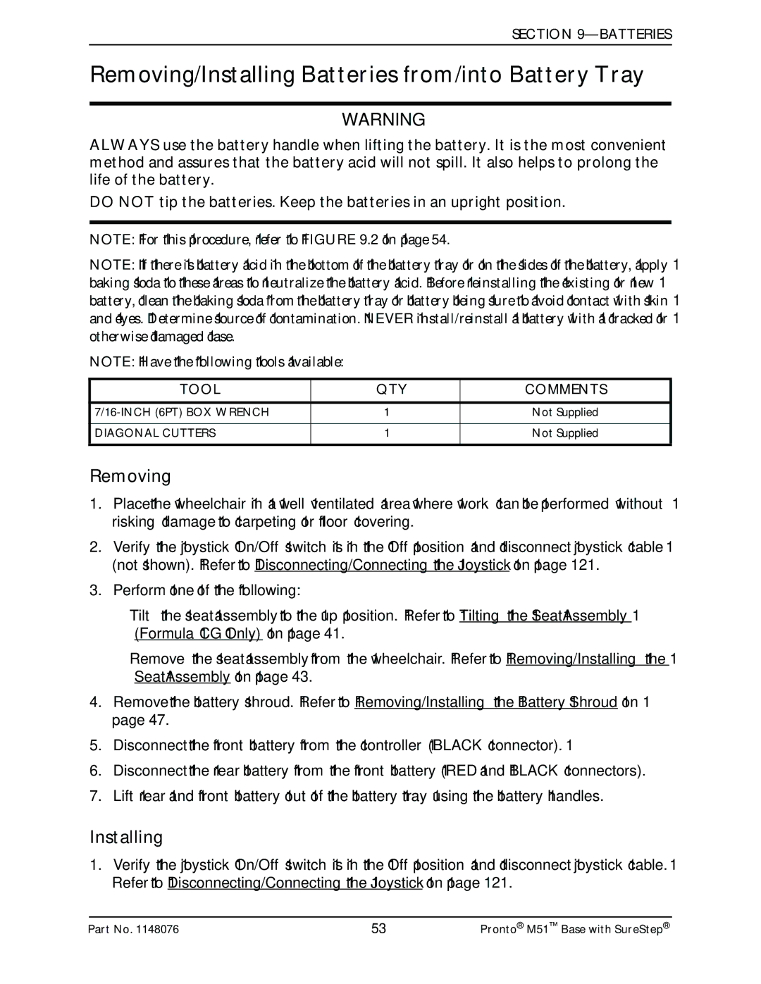 Invacare Pronto M51 Base manual Removing/Installing Batteries from/into Battery Tray, Tool QTY 