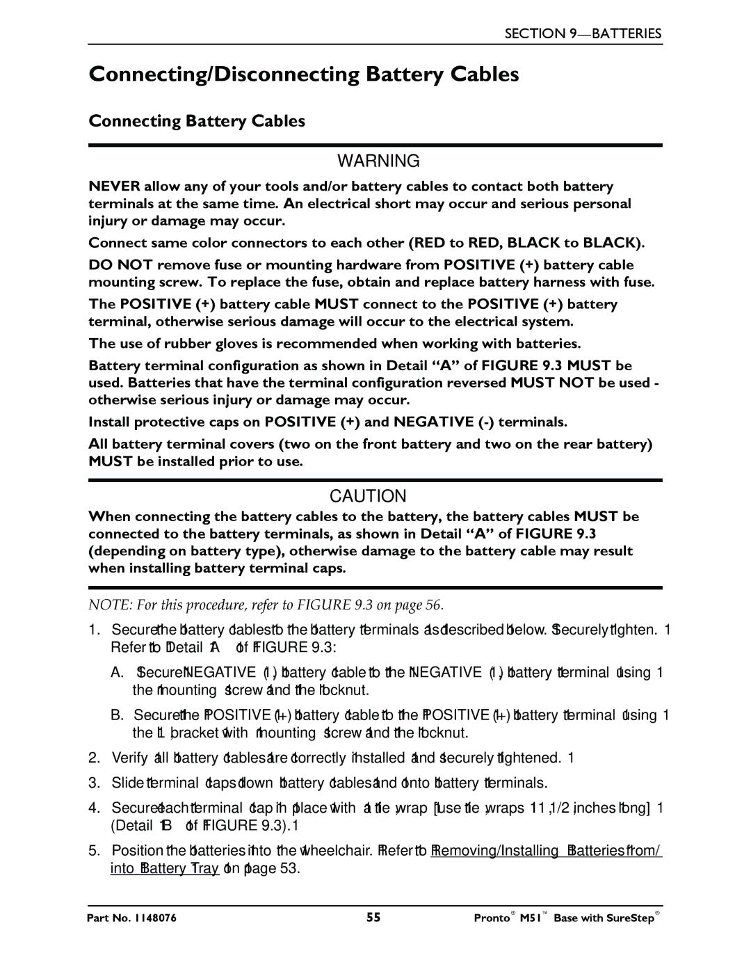 Invacare Pronto M51 Base manual Connecting/Disconnecting Battery Cables, Connecting Battery Cables 