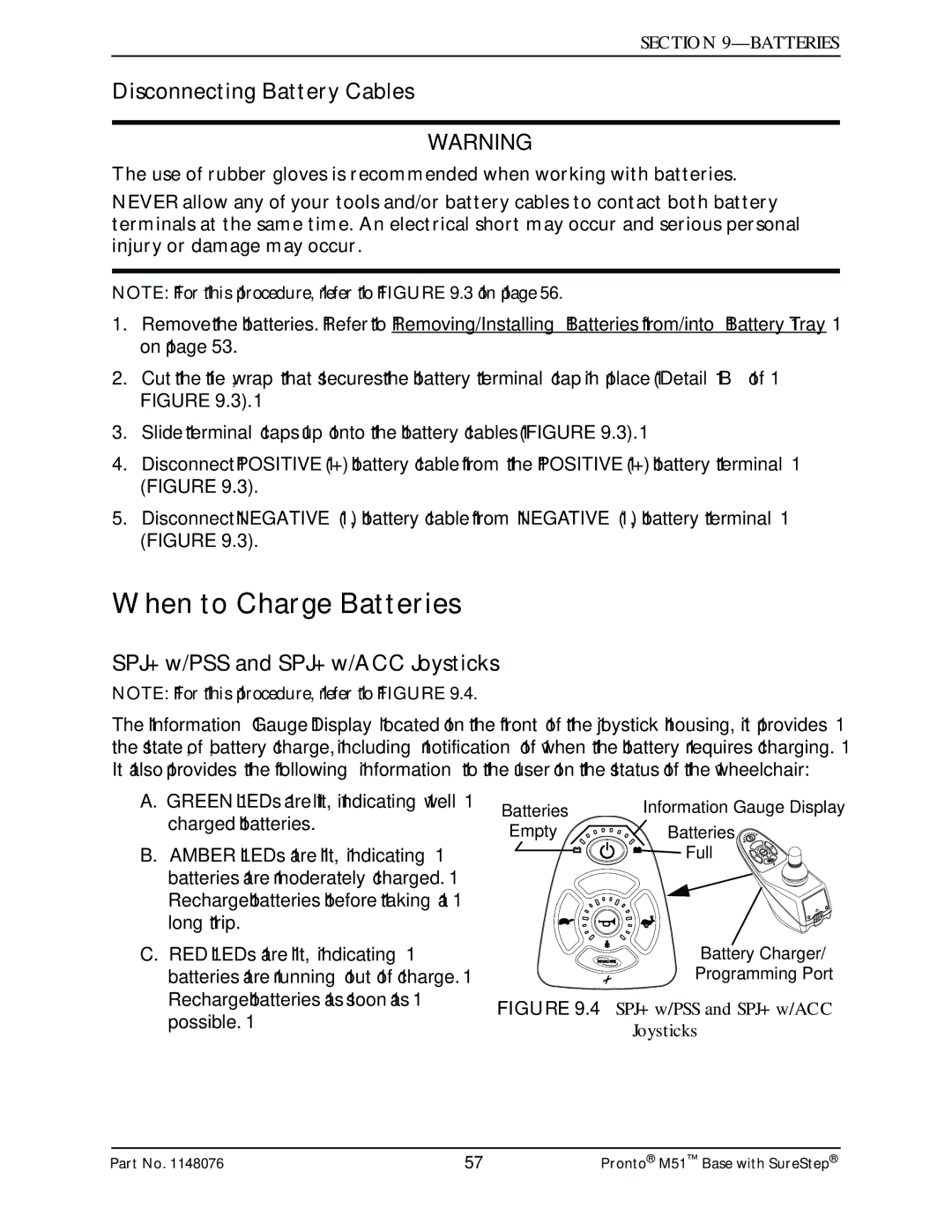 Invacare Pronto M51 Base manual When to Charge Batteries, Disconnecting Battery Cables, SPJ+ w/PSS and SPJ+ w/ACC Joysticks 