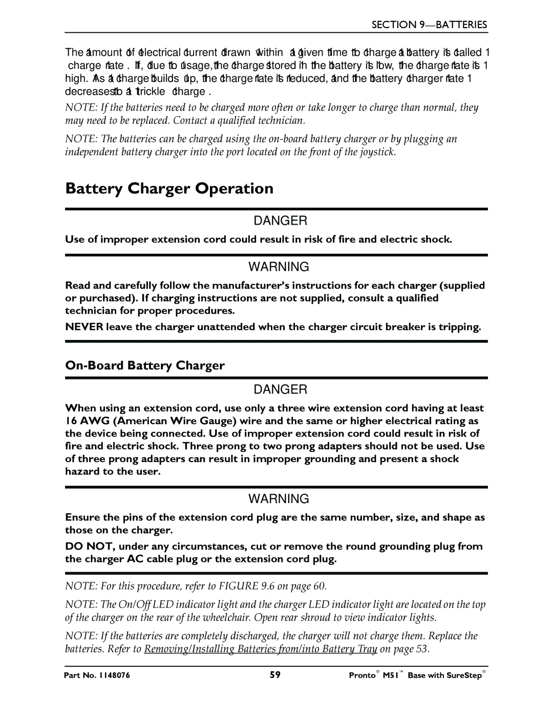 Invacare Pronto M51 Base manual Battery Charger Operation, On-Board Battery Charger 