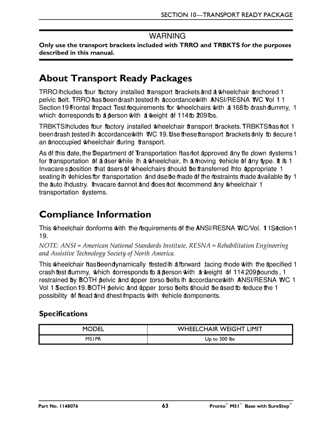 Invacare Pronto M51 Base manual About Transport Ready Packages, Compliance Information, Specifications 