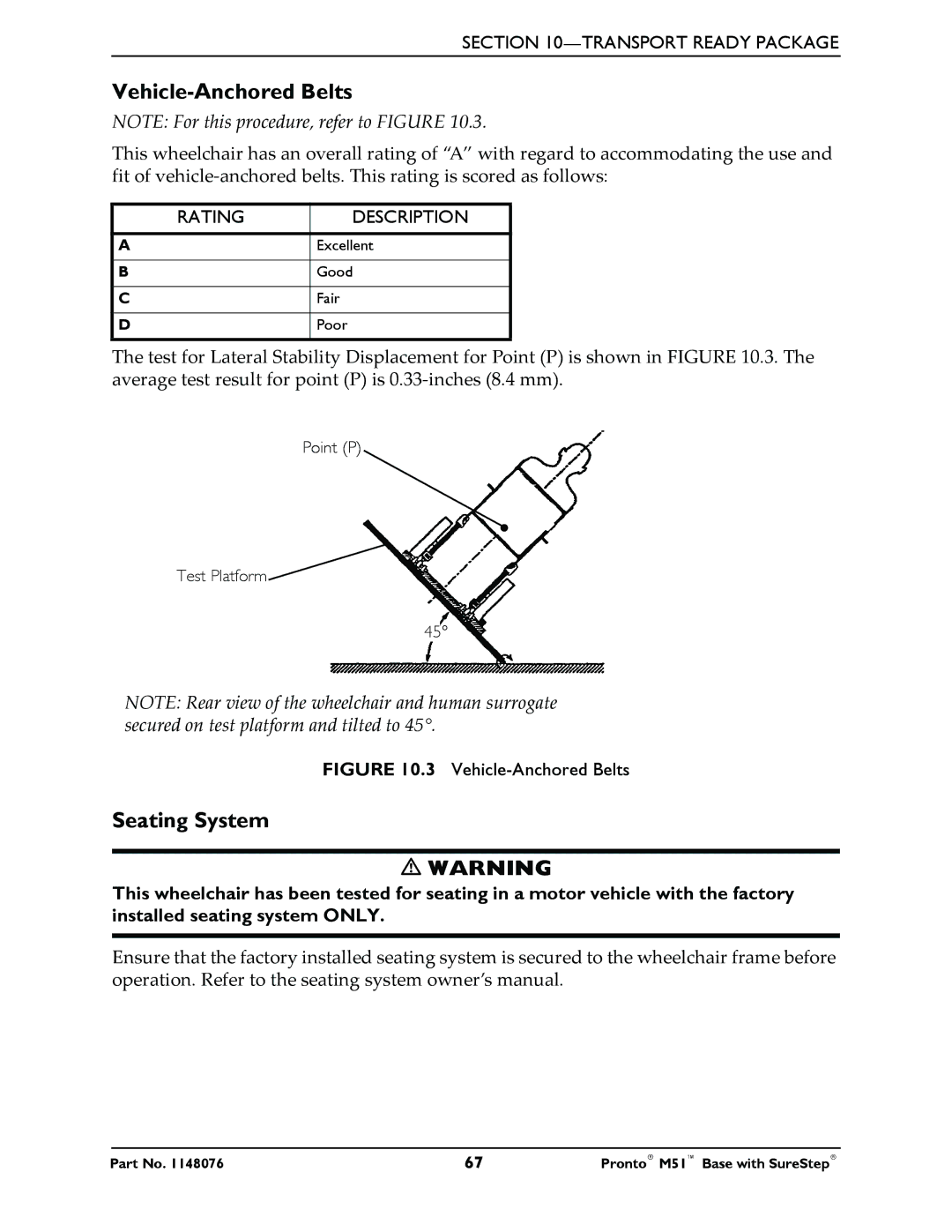 Invacare Pronto M51 Base manual Vehicle-Anchored Belts, Seating System 