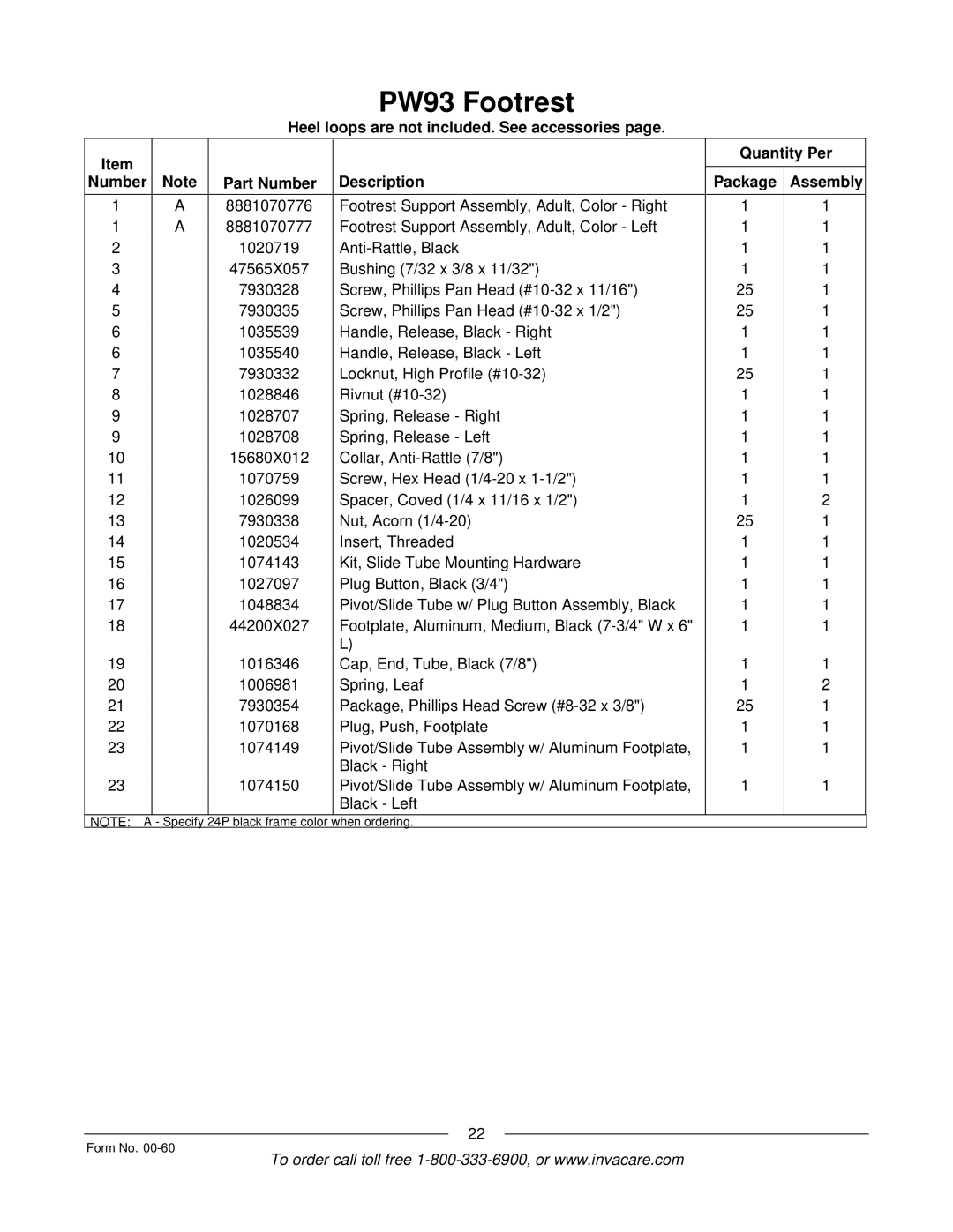 Invacare Pronto M6 manual 24P black frame color When ordering Form No 