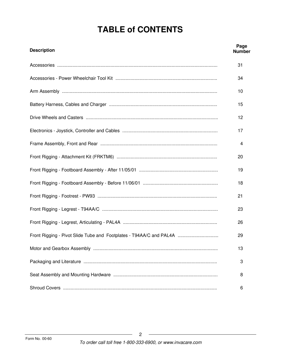 Invacare Pronto M6 manual Table of Contents 