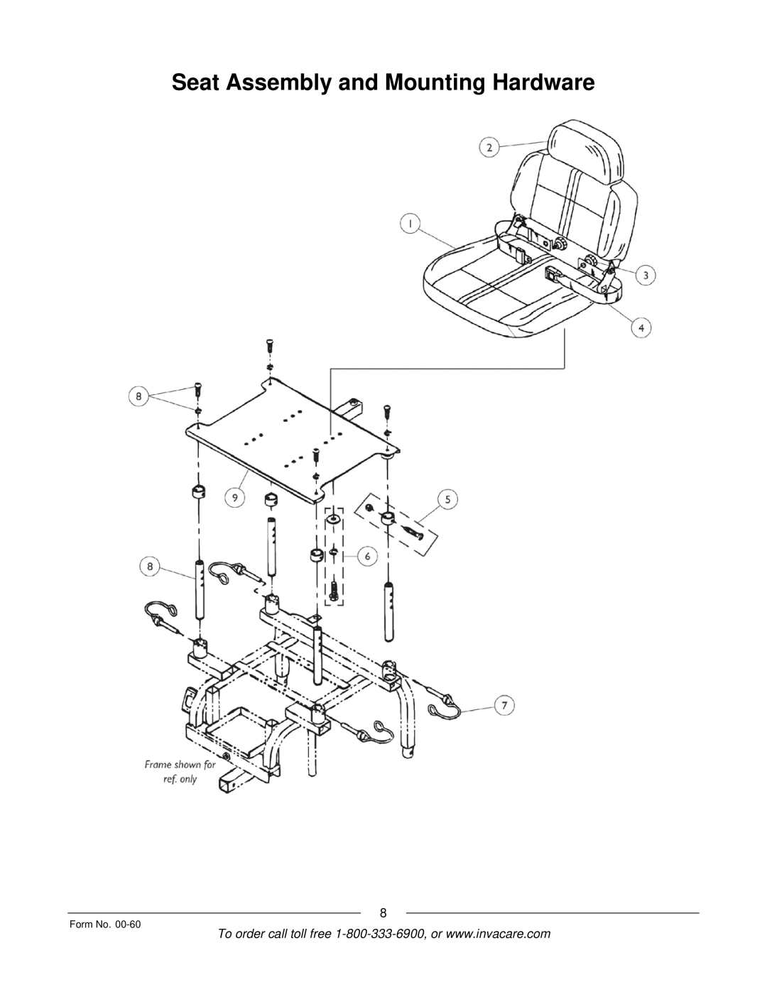 Invacare Pronto M6 manual Seat Assembly and Mounting Hardware 