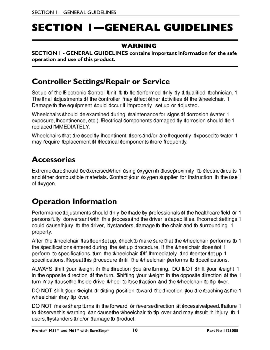 Invacare Pronto M61 manual General Guidelines, Controller Settings/Repair or Service, Accessories, Operation Information 