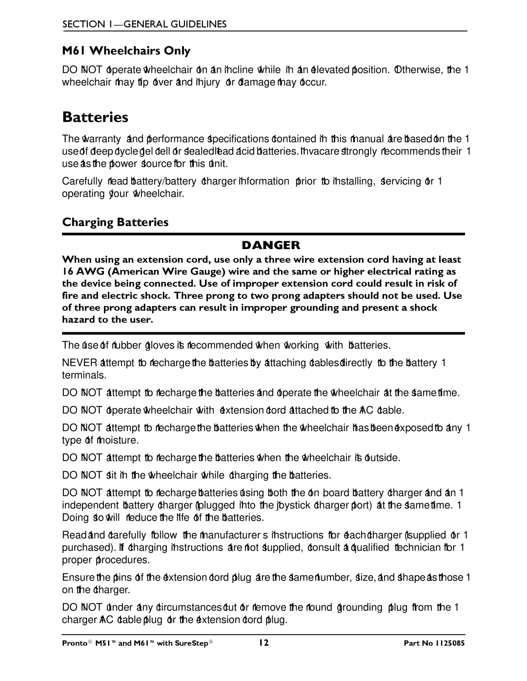 Invacare Pronto M61 manual M61 Wheelchairs Only, Charging Batteries 