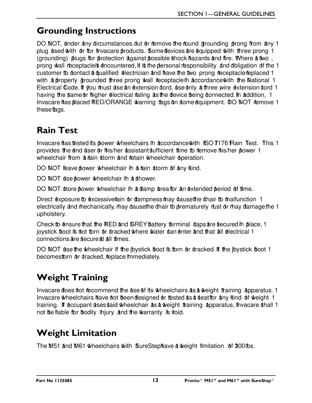 Invacare Pronto M61 manual Grounding Instructions, Rain Test, Weight Training, Weight Limitation 