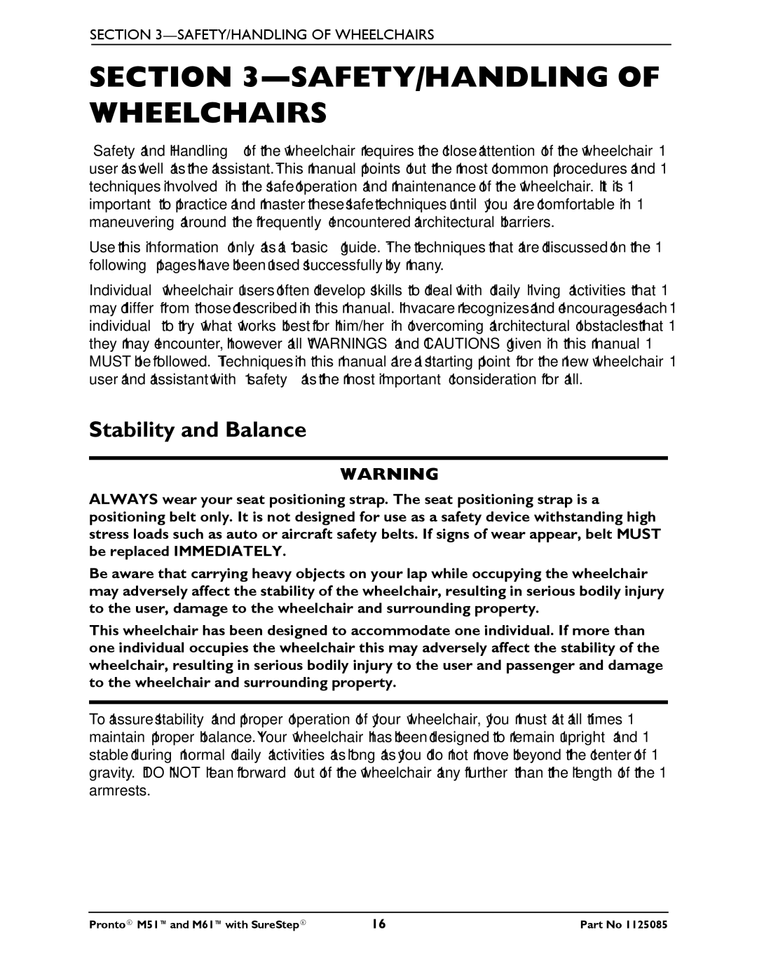 Invacare Pronto M61 manual SAFETY/HANDLING of Wheelchairs, Stability and Balance 