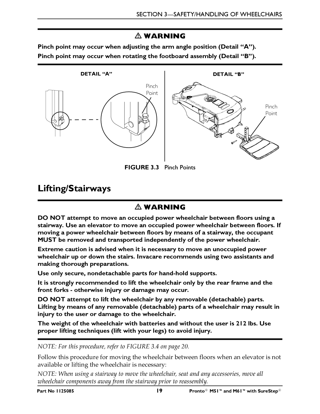 Invacare Pronto M61 manual Lifting/Stairways 