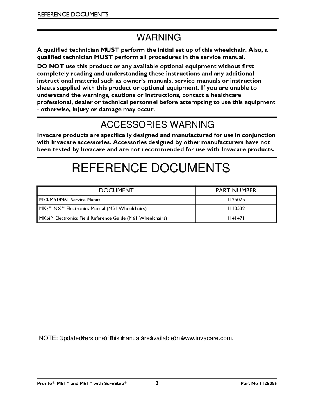 Invacare Pronto M61 manual Reference Documents 