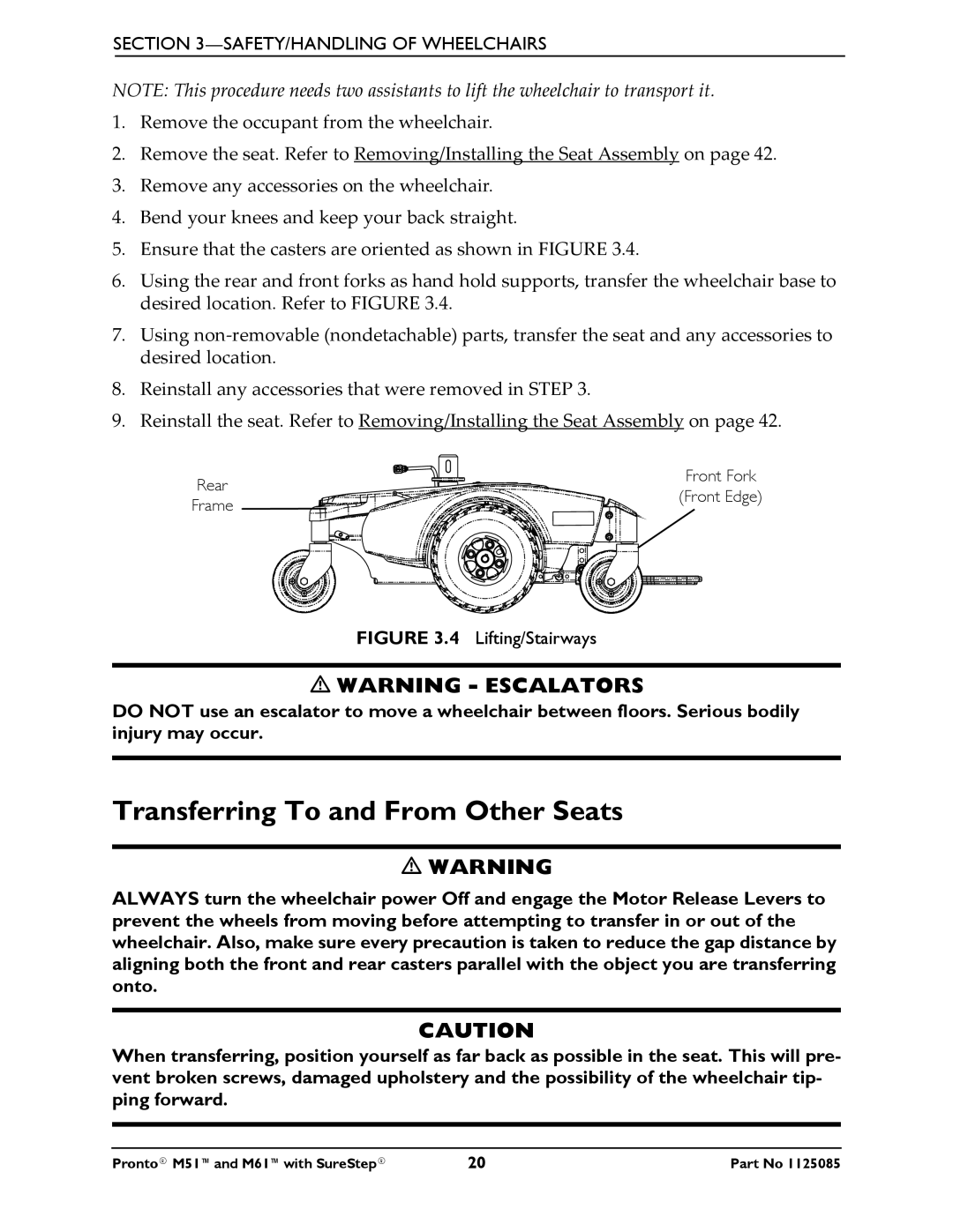 Invacare Pronto M61 manual Transferring To and From Other Seats, Lifting/Stairways 