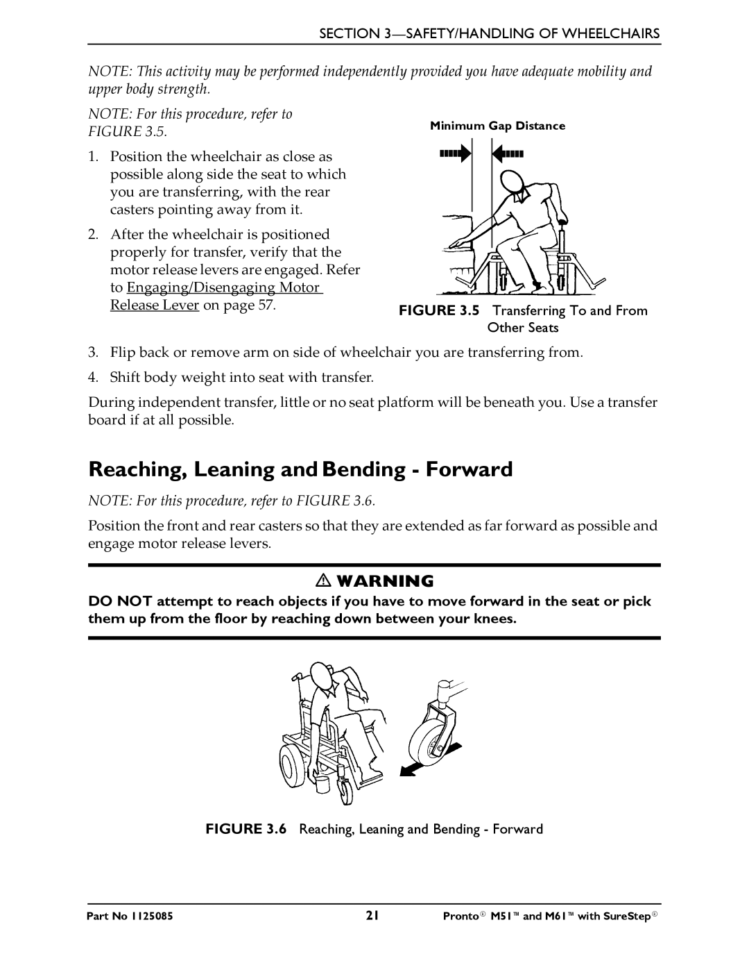 Invacare Pronto M61 manual Reaching, Leaning and Bending Forward, Transferring To and From Other Seats 