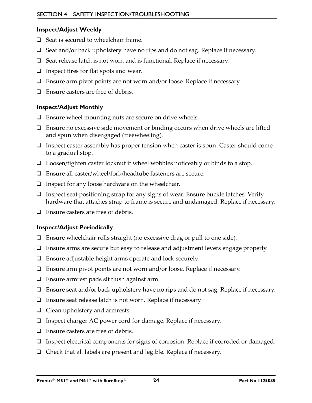 Invacare Pronto M61 manual Inspect/Adjust Weekly 