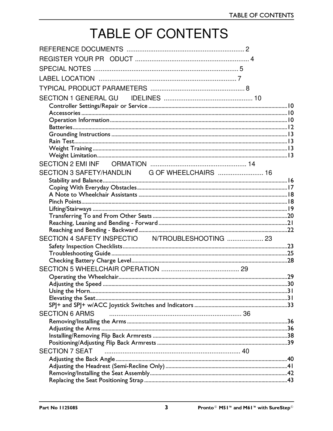 Invacare Pronto M61 manual Table of Contents 