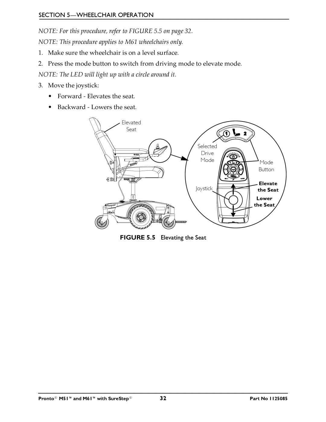 Invacare Pronto M61 manual Elevating the Seat 