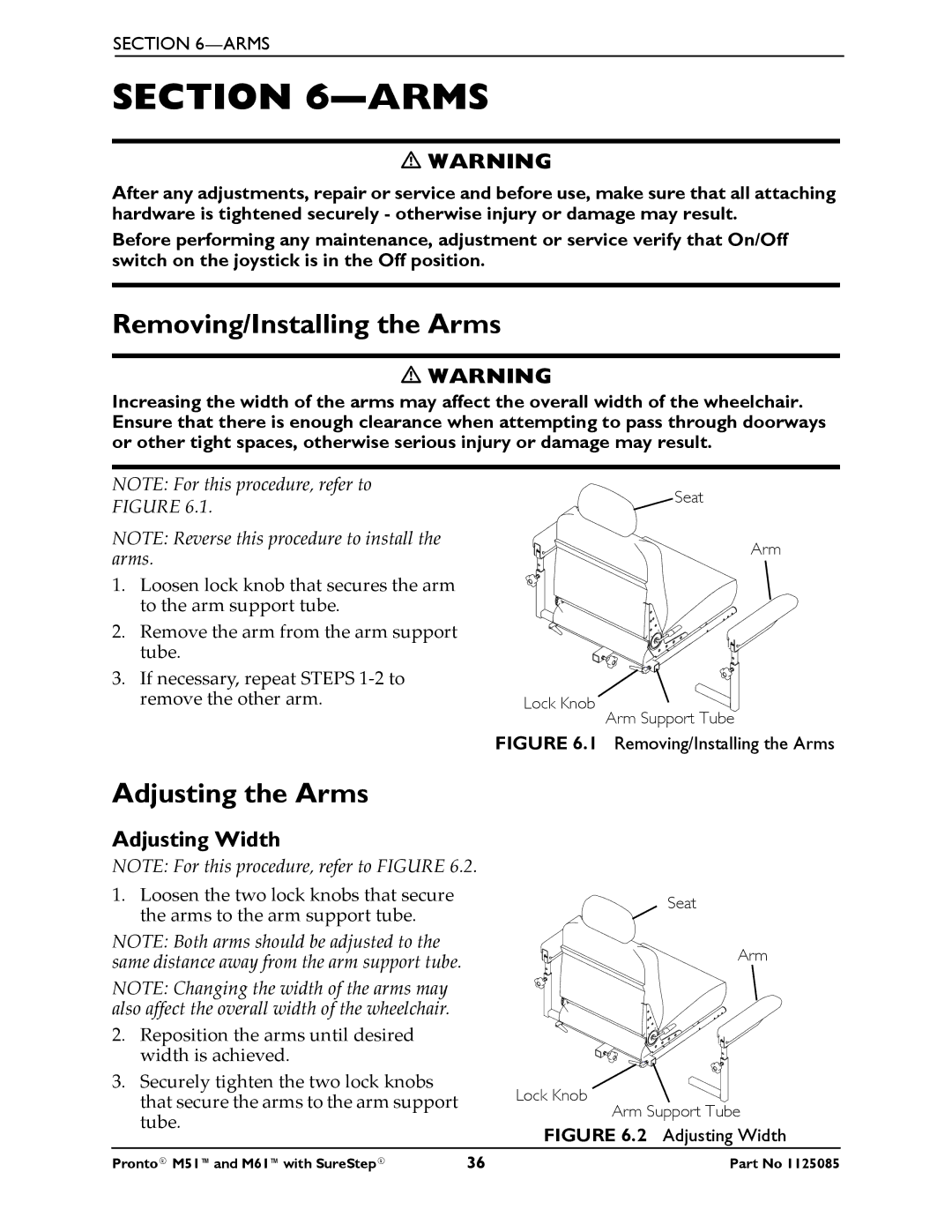 Invacare Pronto M61 manual Removing/Installing the Arms, Adjusting the Arms, Adjusting Width 