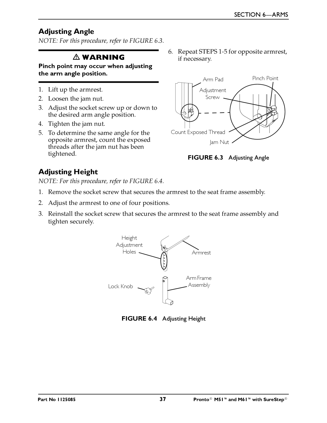 Invacare Pronto M61 manual Adjusting Angle, Adjusting Height 