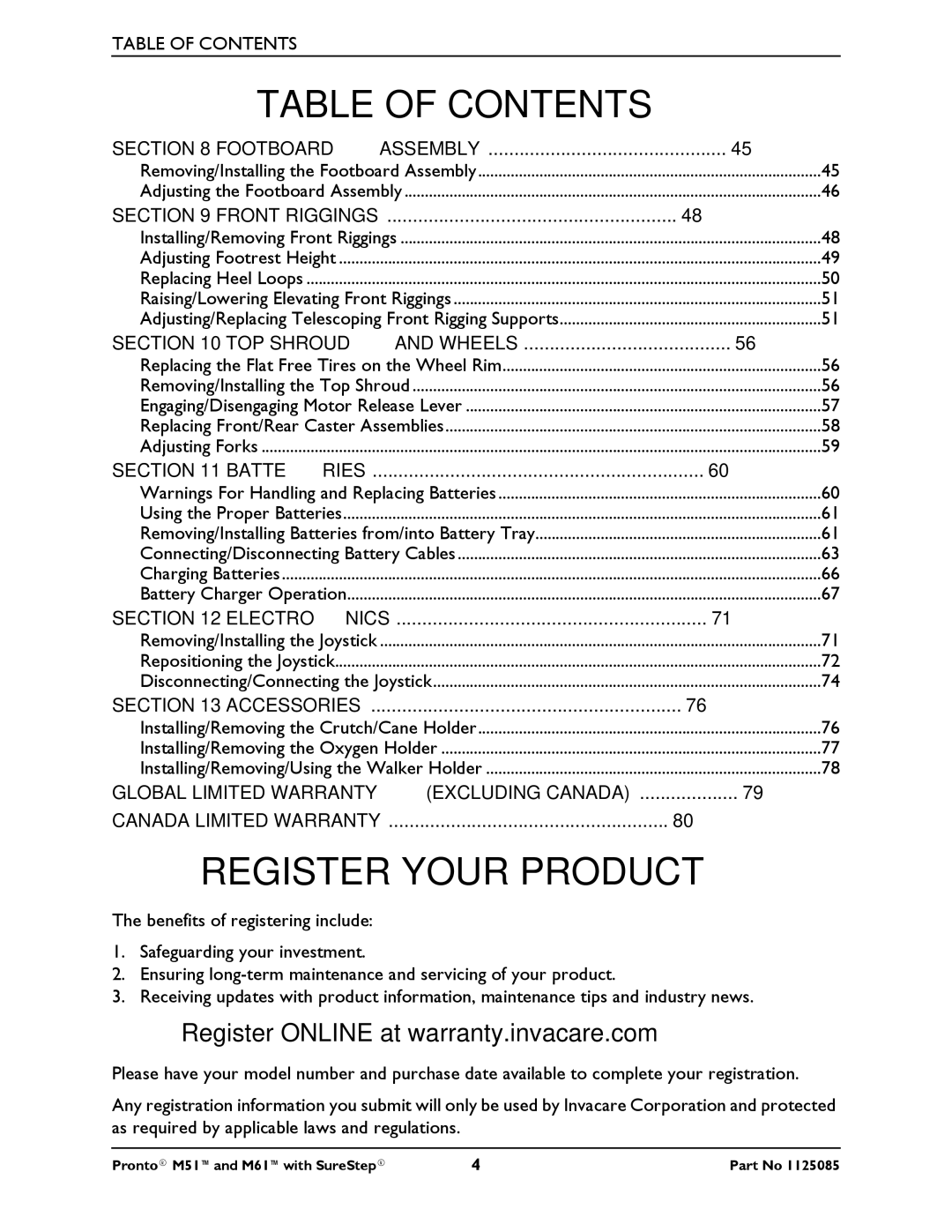 Invacare Pronto M61 manual Register Your Product, Table of Contents 