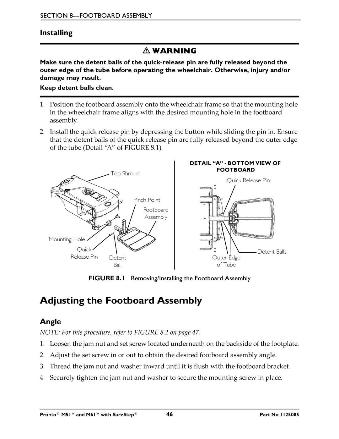 Invacare Pronto M61 manual Adjusting the Footboard Assembly, Angle 