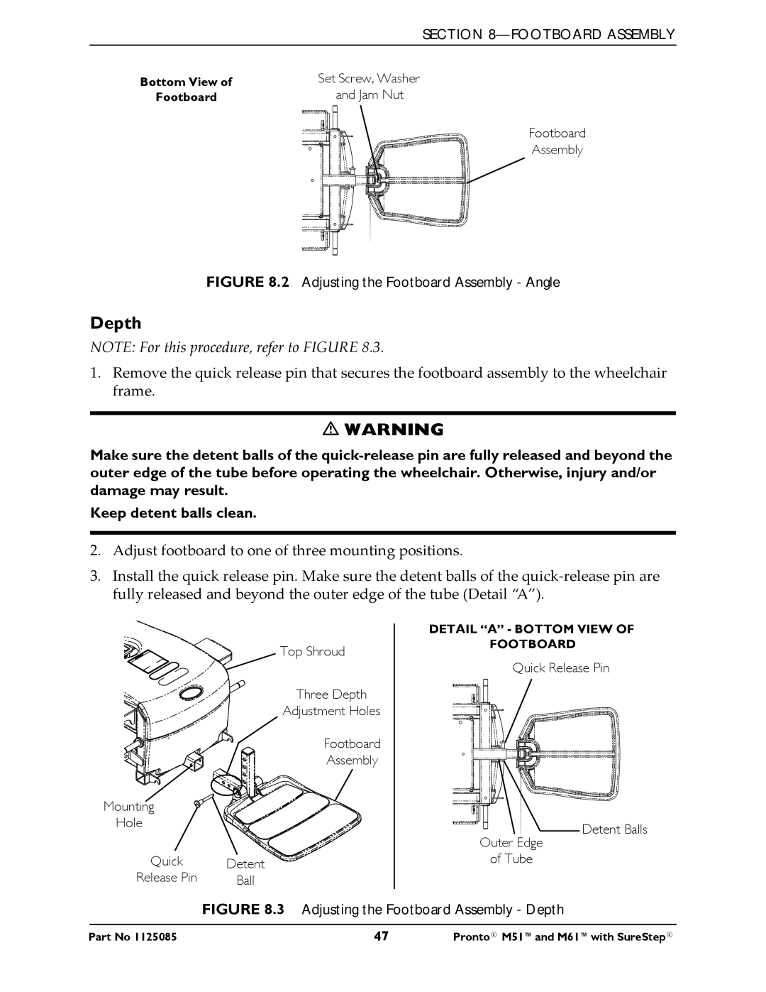 Invacare Pronto M61 manual Depth, Adjusting the Footboard Assembly Angle 