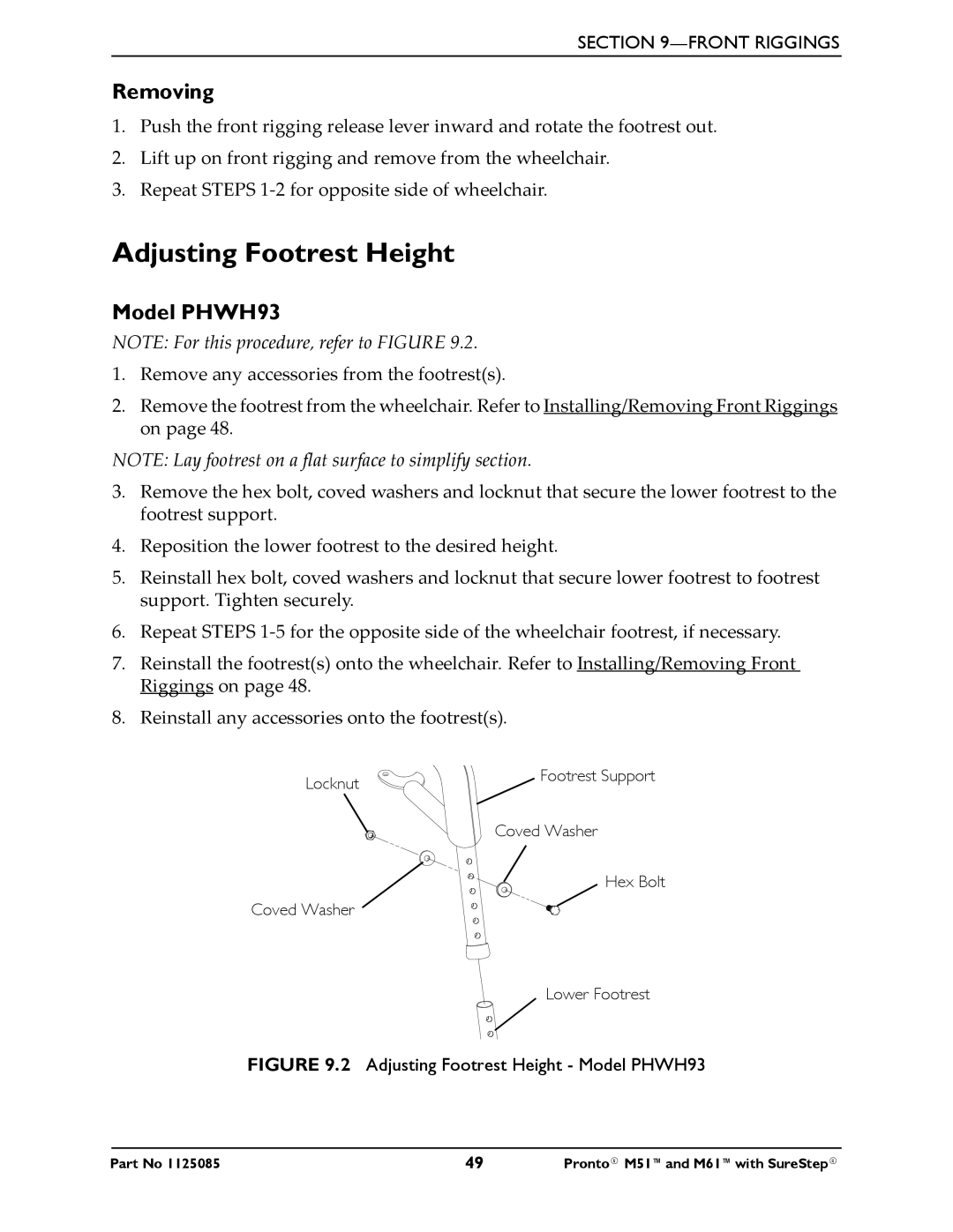 Invacare Pronto M61 manual Adjusting Footrest Height, Model PHWH93 