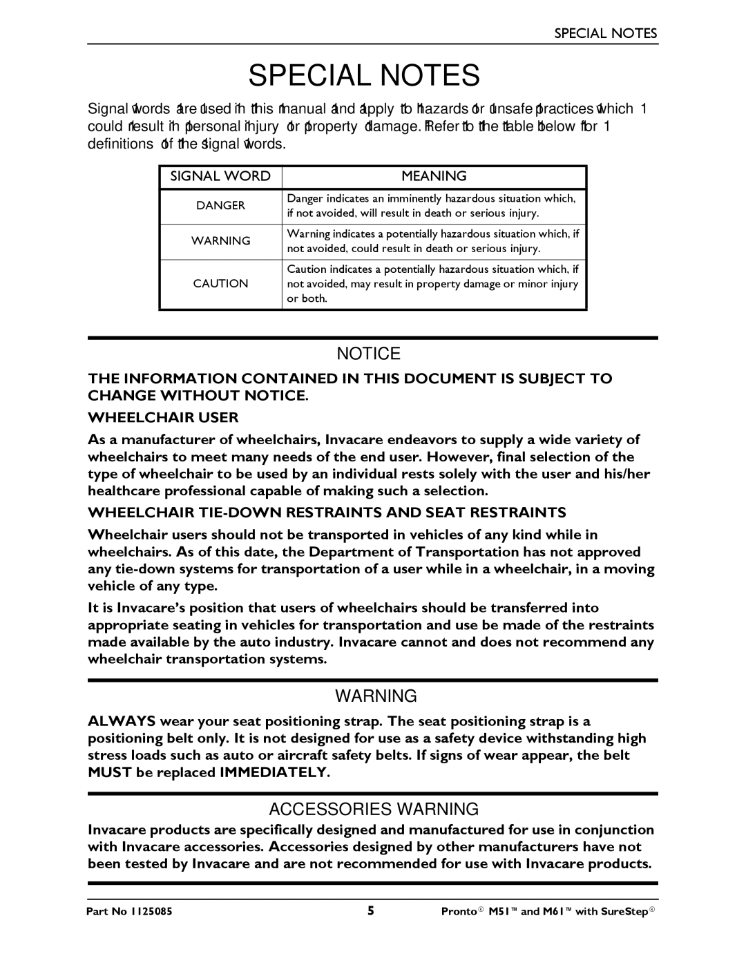 Invacare Pronto M61 manual Special Notes, Meaning 