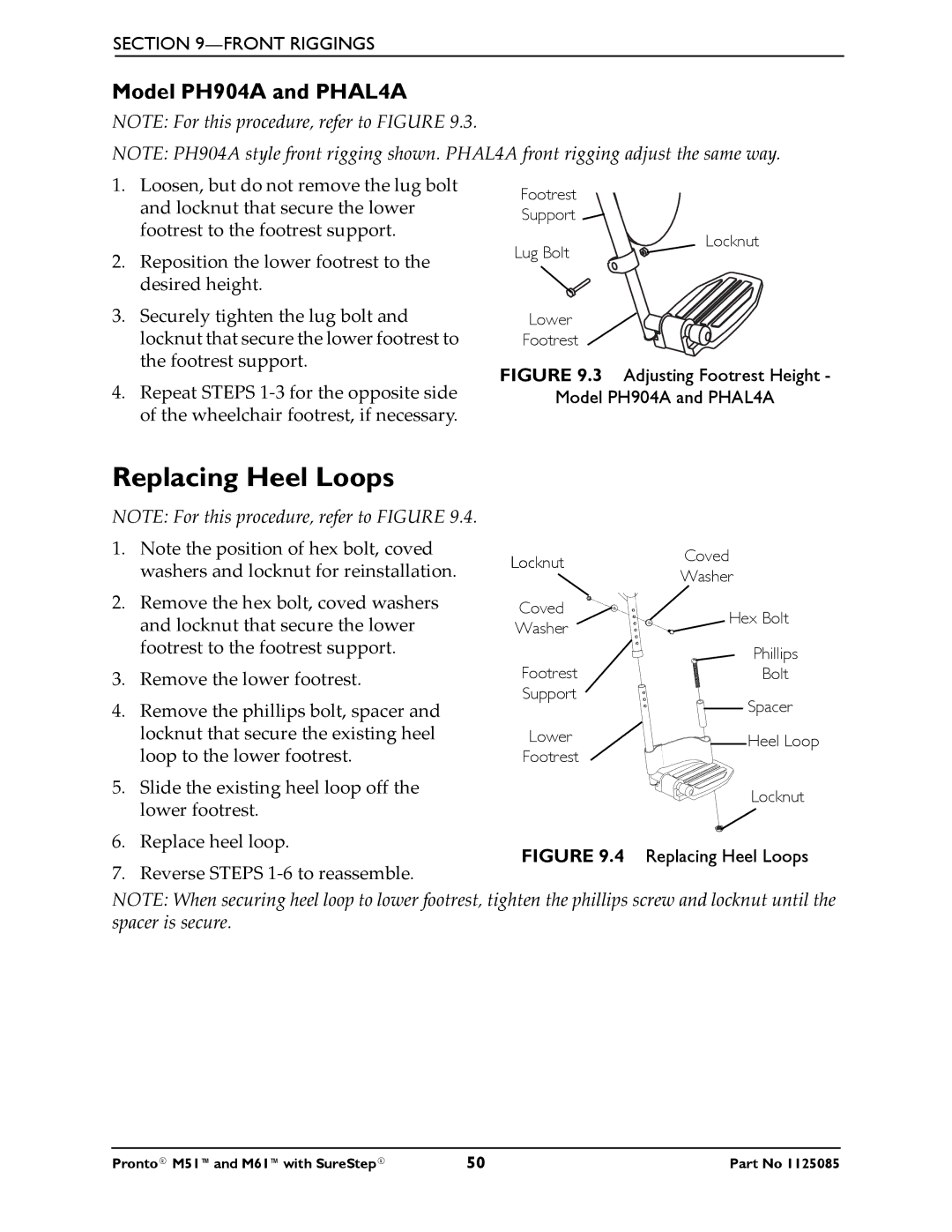 Invacare Pronto M61 manual Replacing Heel Loops, Model PH904A and PHAL4A 