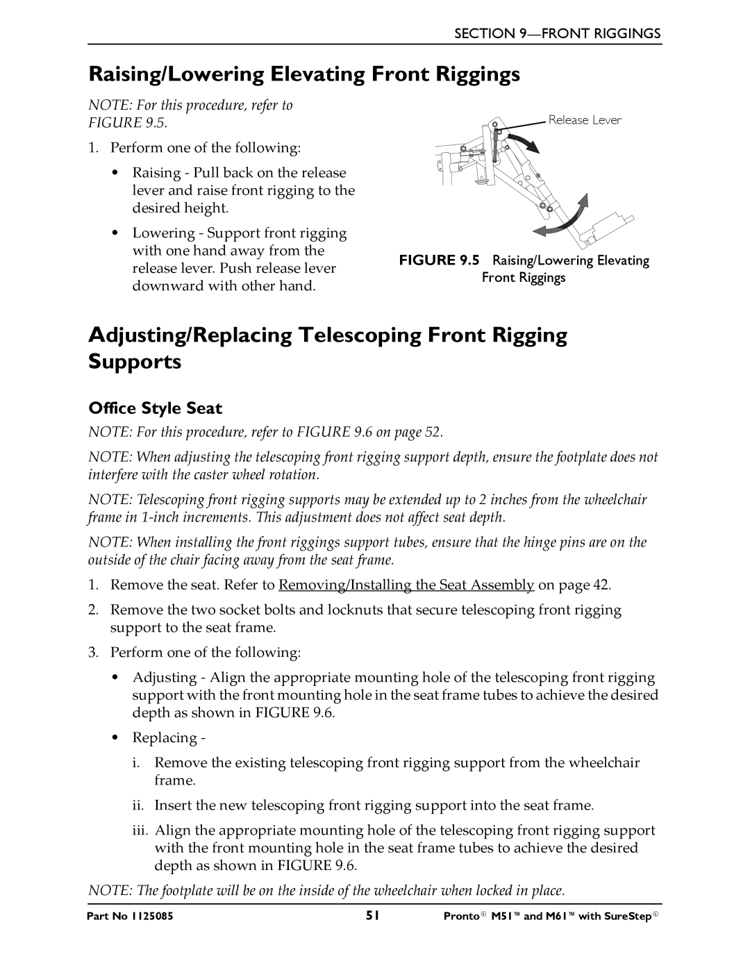 Invacare Pronto M61 Raising/Lowering Elevating Front Riggings, Adjusting/Replacing Telescoping Front Rigging Supports 