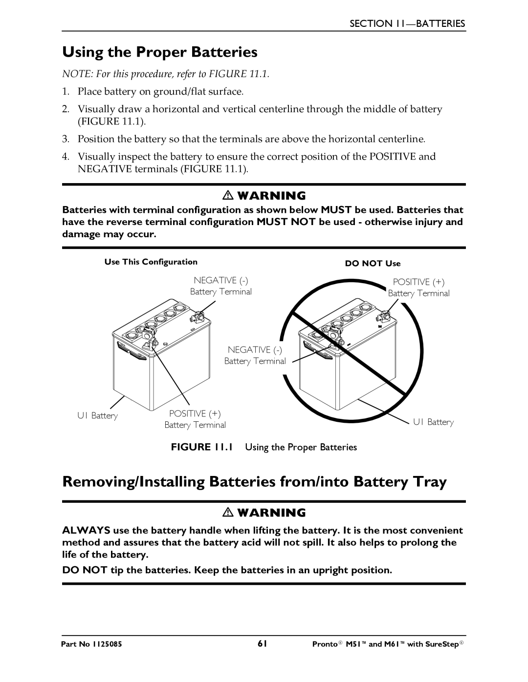 Invacare Pronto M61 manual Using the Proper Batteries, Removing/Installing Batteries from/into Battery Tray 