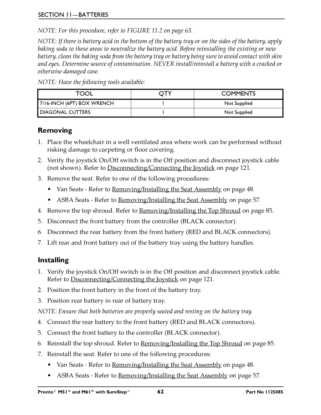 Invacare Pronto M61 manual Removing, Batteries Tool QTY 