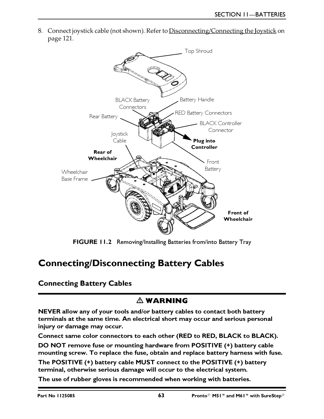 Invacare Pronto M61 manual Connecting/Disconnecting Battery Cables, Connecting Battery Cables 