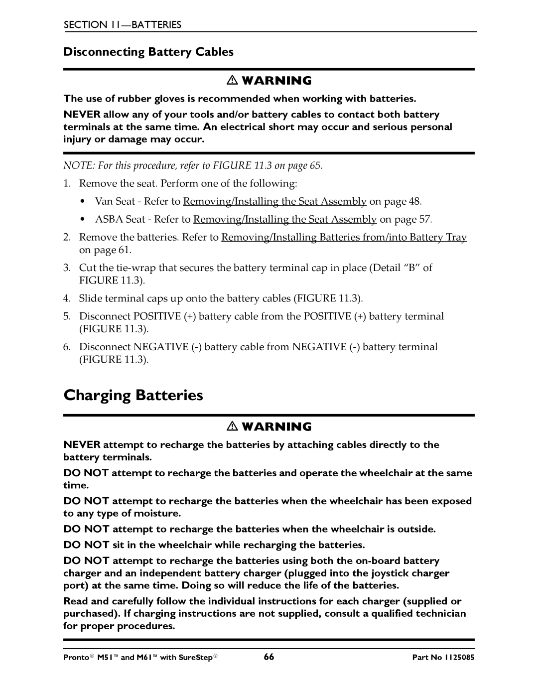 Invacare Pronto M61 manual Charging Batteries, Disconnecting Battery Cables 