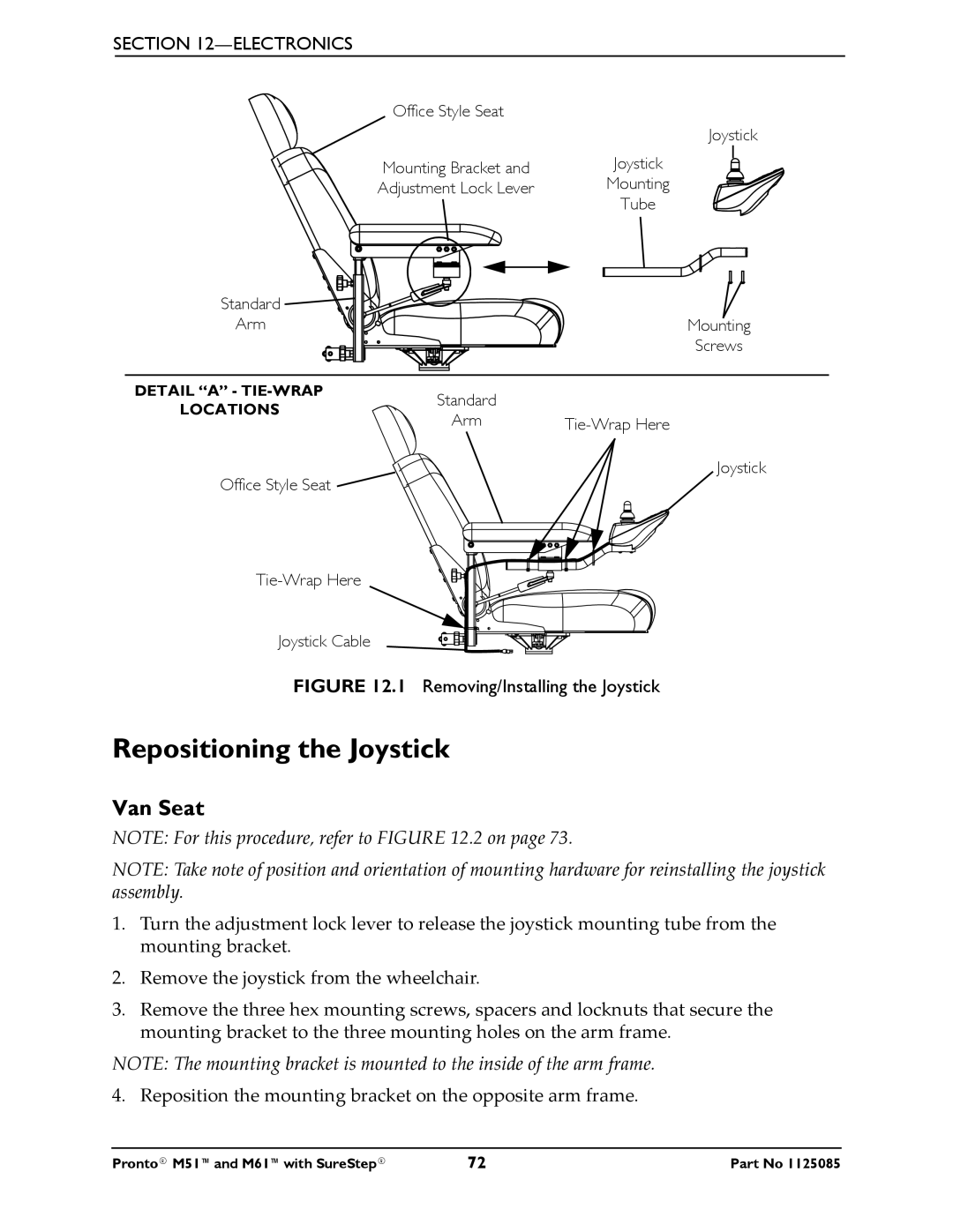 Invacare Pronto M61 manual Repositioning the Joystick, Removing/Installing the Joystick 