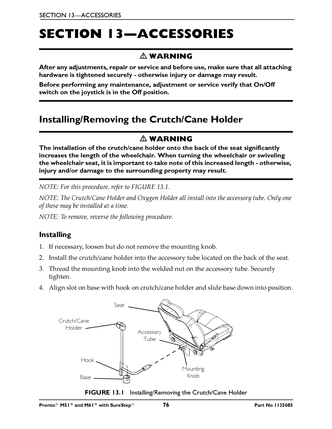 Invacare Pronto M61 manual Accessories, Installing/Removing the Crutch/Cane Holder 